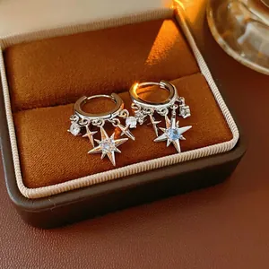 Star Dangle Hoop Earrings With Zircon And Silver Earring Post Sparkly Blue Gemstone Charm Delicate Jewelry For Women