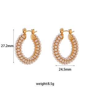 18K gold-plated stainless steel hoop earrings with pearls, size 27.2mm by 24.5mm