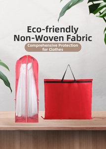 Detail of red non-woven bridal gown dust cover with transparent window and handle