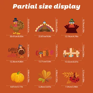 Detailed size guide for Thanksgiving turkey and maple leaf gnome static window stickers
