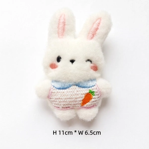 Cute white plush bunny brooch with embroidered carrot outfit, size 11cm by 6.5cm