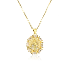 Macro shot of 18K gold plated Virgin Mary pendant with marquise-cut zircon stones