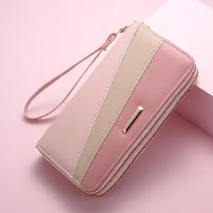 Pink and beige tri-color patchwork leather wallet for women with double zippers and wristlet