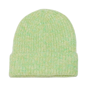 Macro shot of light green wool blend knit beanie showing sparkling sequins and thick texture