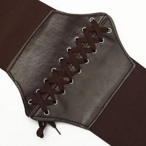 Fashionable dark brown wide elastic waist belt with faux leather lace-up corset design