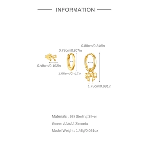 Detailed view of S925 sterling silver golden bow jewelry set with size measurements