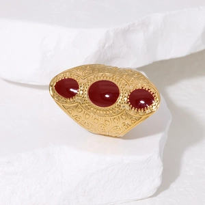 Vintage palace style 18K gold plated wide band ring with three red gemstones inlay