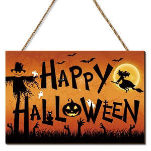 Wooden Halloween wall plaque with Happy Halloween text, scarecrow, and pumpkin graphics