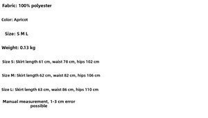 Polyester midi skirt size chart in apricot color showing S M and L dimensions
