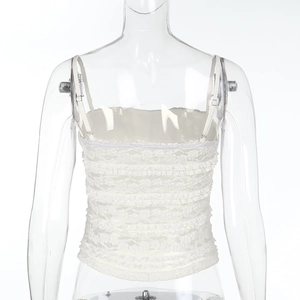 Detailed back view of white lace camisole showing intricate floral embroidery and texture