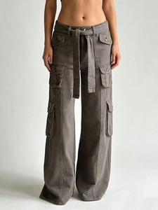 Jean Cargo Femme Taille Basse Jambe Large Pantalon Denim Avec Ceinture Plusieurs Poches Ample Droit Rétro Streetwear