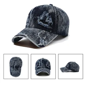 Retro washed navy blue denim baseball cap with distressed ripped holes and fringe detail