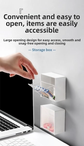 Detail view of wall-mounted flip storage box with transparent cover for small items