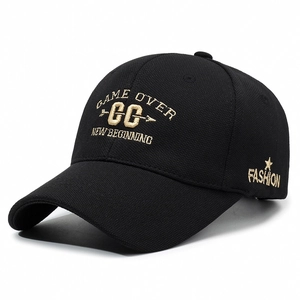 Classic black canvas baseball cap with detailed letter embroidery on a white background