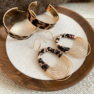 Leopard Print Retro Leather Oval Multi Layer Hollow Pendant Earrings With 925 Sterling Silver Earring Post Bohemian Style