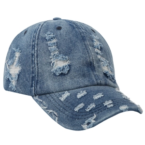 Distressed light blue denim baseball cap with vintage wash and ripped street style details
