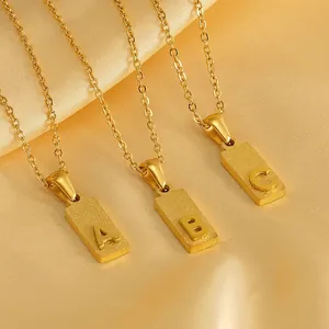 18K Gold Plated Stainless Steel Initial Pendant Necklace Rectangular Sandblasted Square Letter Minimalist Jewelry Gift