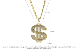 Detailed size specifications for gold dollar sign pendant with iced out Cuban chain