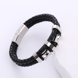 Men's double-braided black leather bracelet with silver stainless steel magnetic clasp