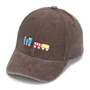 Close-up of colorful train embroidery on a brown washed cotton baseball cap for kids