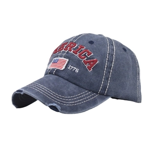 Vintage washed navy denim baseball cap with 3D America embroidery and flag patch