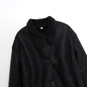Women's black faux suede jacket with fleece collar and button details on white background