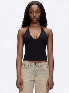 Slim fit black halter neck top with deep V-neck and sleeveless cropped cut for women
