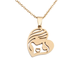 Golden heart necklace with mother and child silhouette on white background