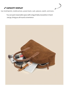 Macro view of brown suede bowling bag interior showing large capacity for essentials