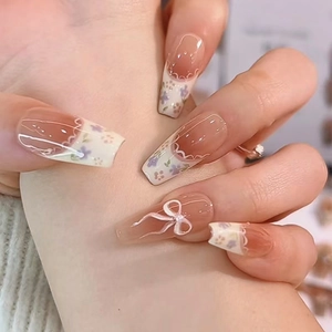 French Style Press On Nails Floral Pattern Bow Tie Decor ABS Plastic Removable Long Coffin Shape For Women