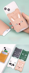Adhesive leather phone wallet stickers featuring cute rabbit and panda animal designs