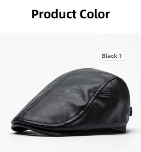 Detail shot of black faux leather beret with lychee texture and precise stitching
