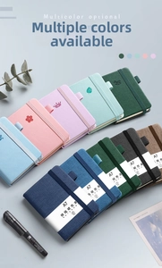Close-up of A7 hardcover pocket notebook with elastic closure and integrated pen loop
