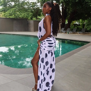 Polka dot backless maxi dress with side slit and halter neck for summer vacation