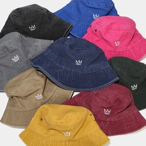 Vintage washed cotton bucket hats with crown embroidery in eight assorted colors