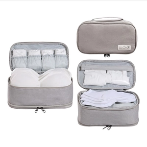 Grey travel organizer showing compartments for bras, underwear, and socks with a zipper