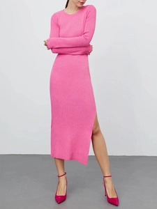 Ribbed Knit Midi Dress With Slit Round Neck Long Sleeve Slim Fit Solid Color Elegant Casual Bodycon For Women