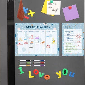 Space-themed magnetic weekly planner and to-do list with 6 fine markers on fridge