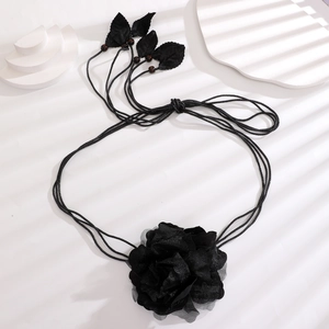 Elegant black chiffon flower waist belt with tassels and wood beads for dresses