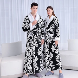 Thick silver-grey floral fleece bathrobe with plush collar for couples in a cozy home setting