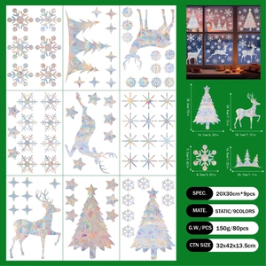 Detailed dimensions of 9pcs holographic Christmas reindeer and snowflake window clings
