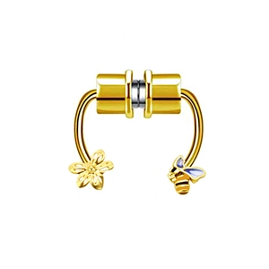 Detailed view of gold magnetic nose rings with flower and bee decorative charms