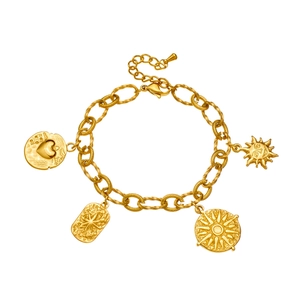 Gold plated stainless steel bracelet with sun and heart star charms on white background