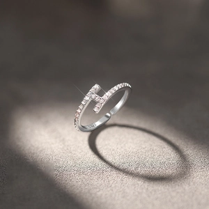 Silver plated S925 sterling silver open ring with H shape and micro-pave zircons