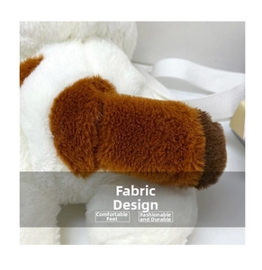Close-up of soft plush fabric texture on cute cat crossbody bag with white woven strap