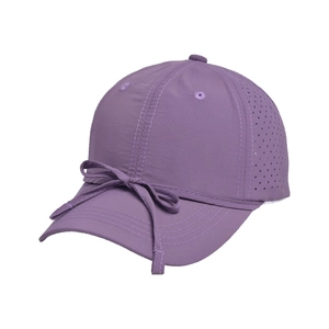 Detail of lilac quick-dry baseball cap featuring bow drawstring and laser-cut vent holes