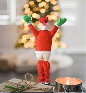 Funny climbing Santa Claus velvet ornament showing back view for festive holiday wall decor