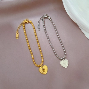 Titanium steel bead chain bracelet featuring heart coin pendant with Elizabeth II engraving