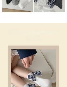 Detail showing vintage plaid bows on gray breathable cotton mid-calf slouchy socks