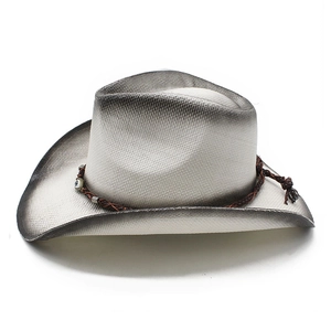 Close-up of white woven cowboy hat with grey gradient edges and beaded trim detail